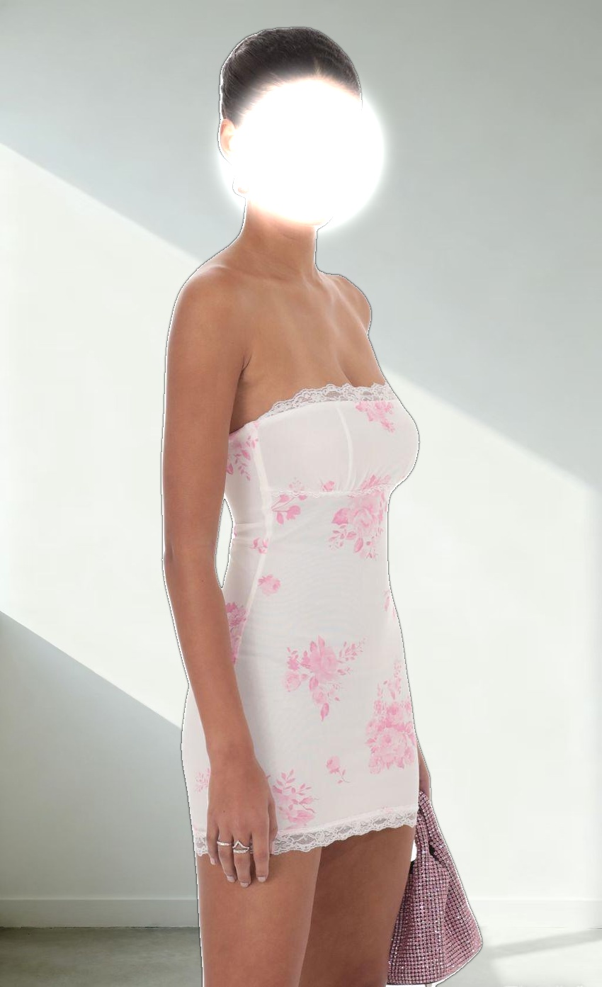 Mesh Floral Lace Strapless Bodycon Dress in White