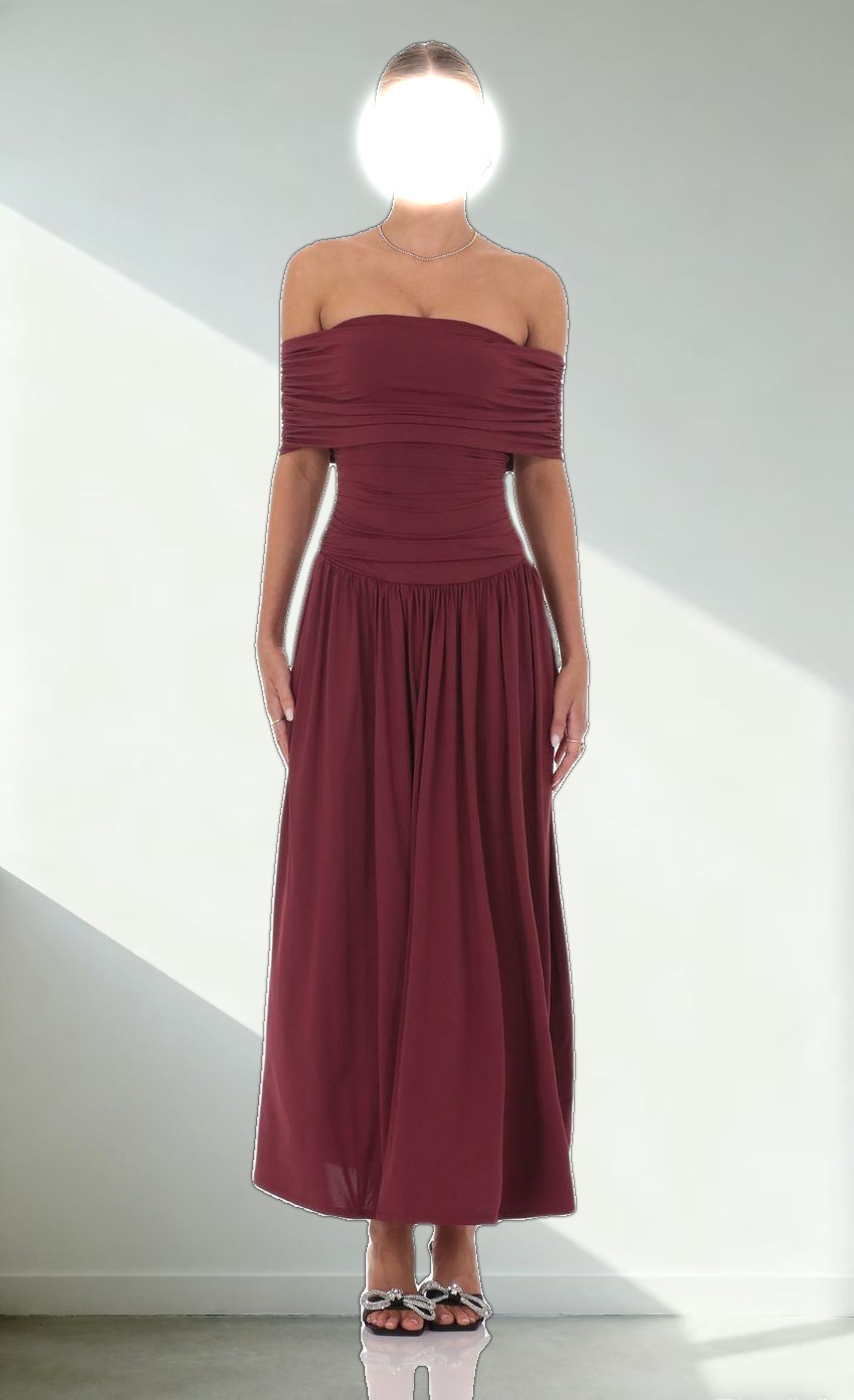 Off Shoulder Drop Waist Maxi Dress in Burgundy