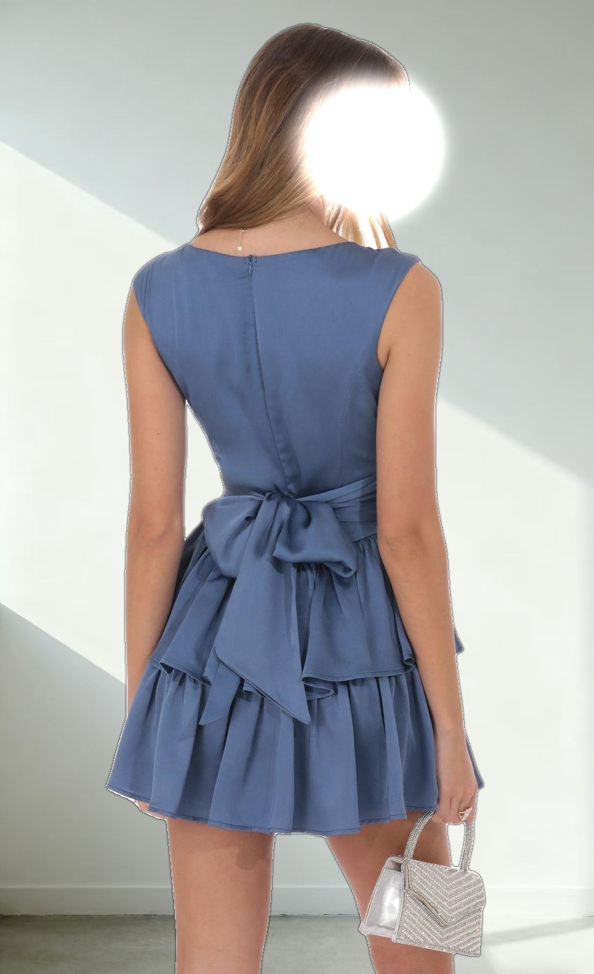 Satin Wide Strap Ruffle Dress in Denim Blue