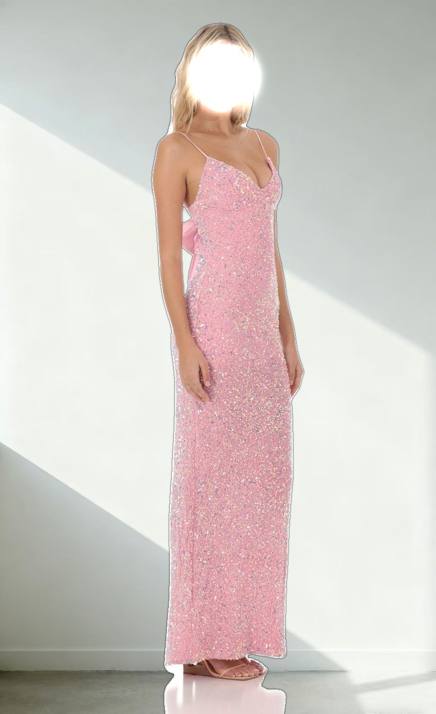 Velvet Sequin Back Bow Maxi Dress in Pink