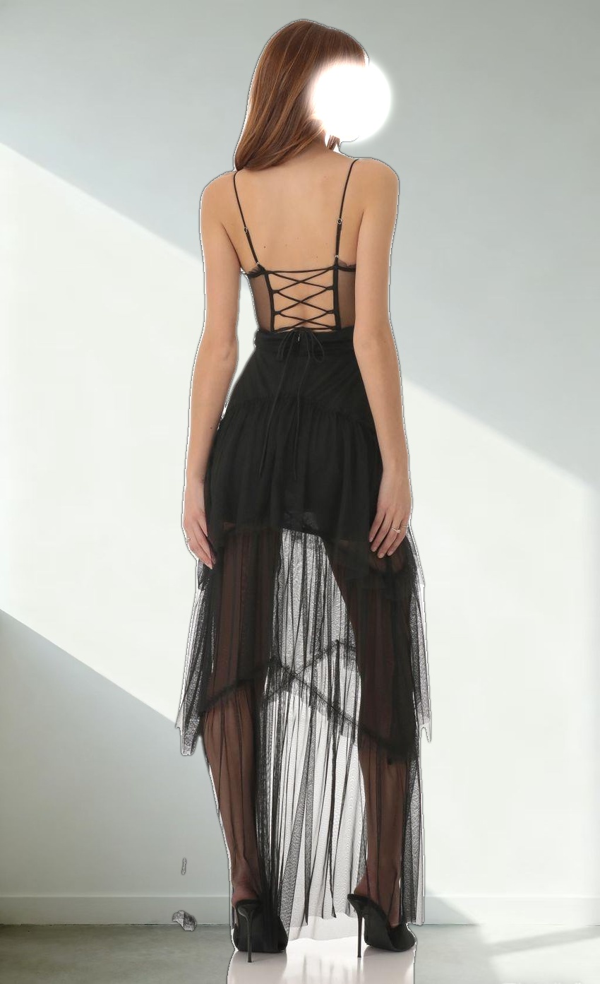 Mesh Corset Maxi Dress in Black