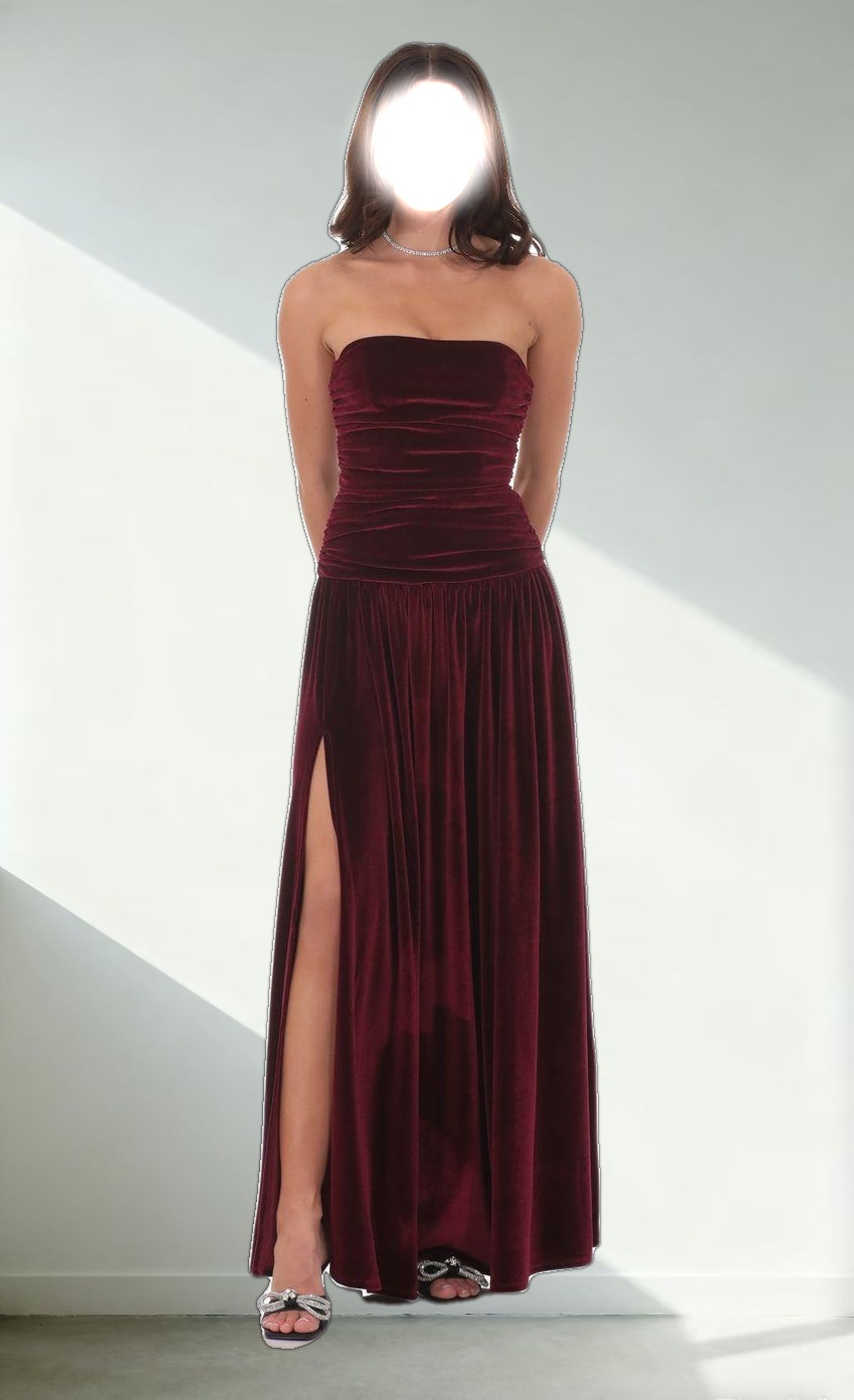 Velvet Ruched Drop Waist Maxi Dress in Wine
