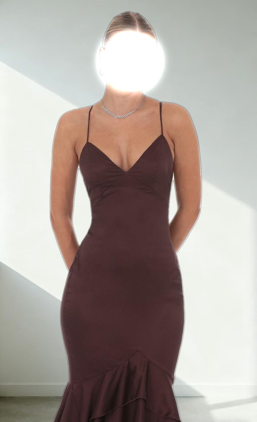 Satin Ruffle Fishtail Maxi Dress in Brown