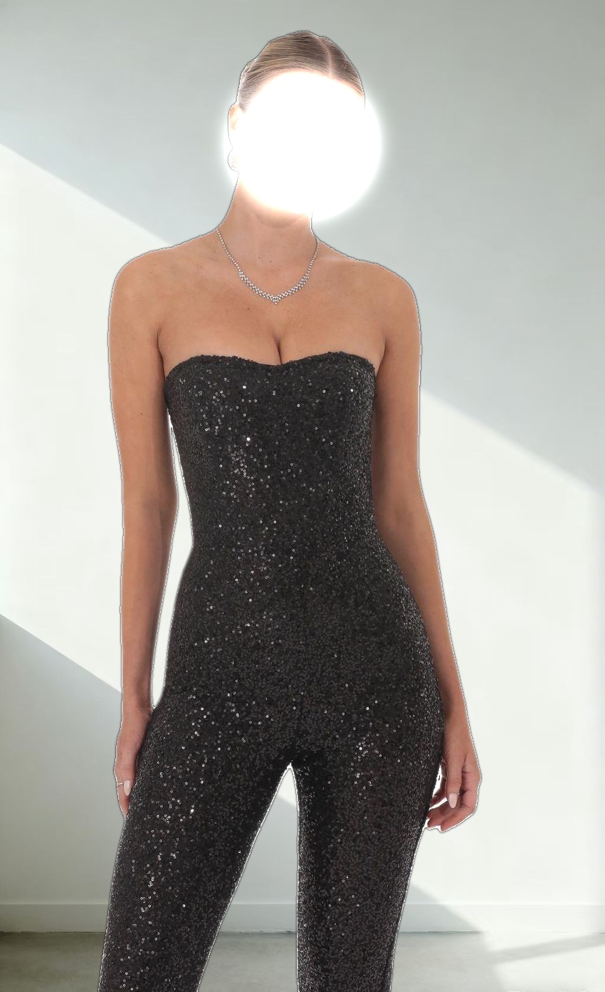 Sequin Strapless Corset Jumpsuit in Black