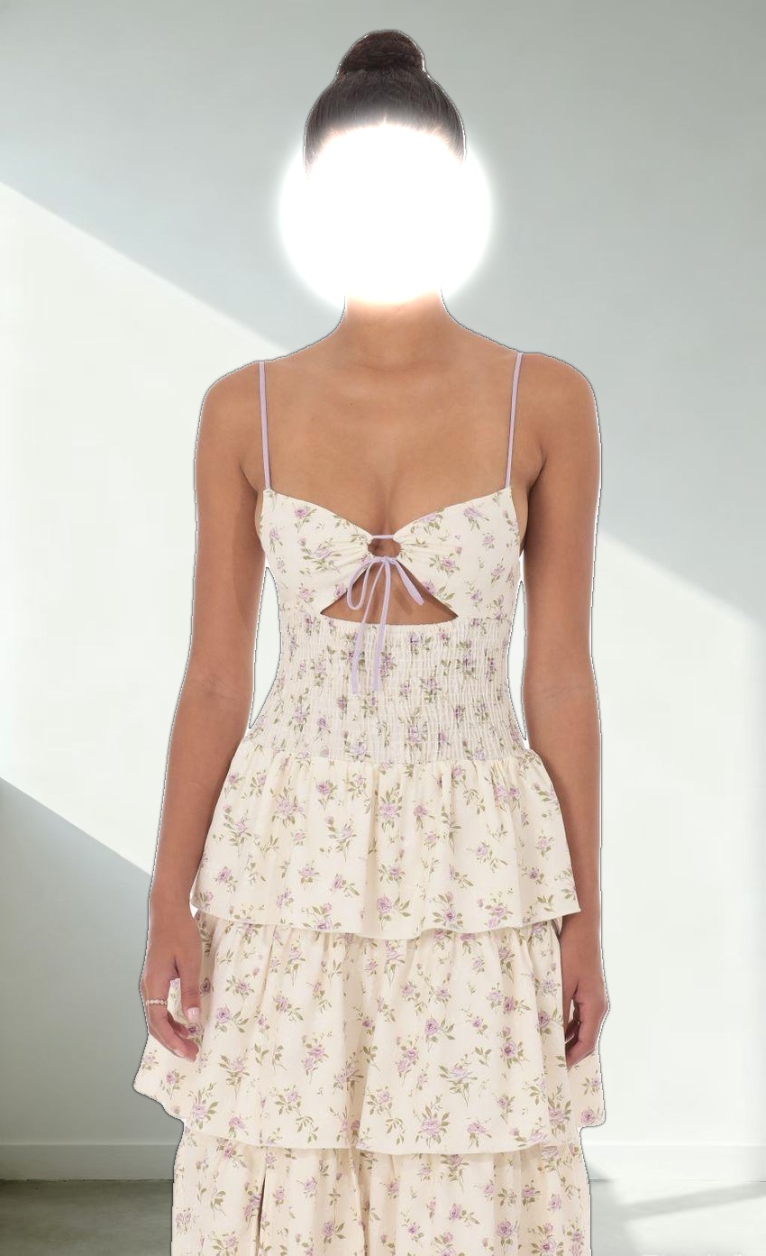 Floral Cutout Ruffle Maxi Dress in Cream