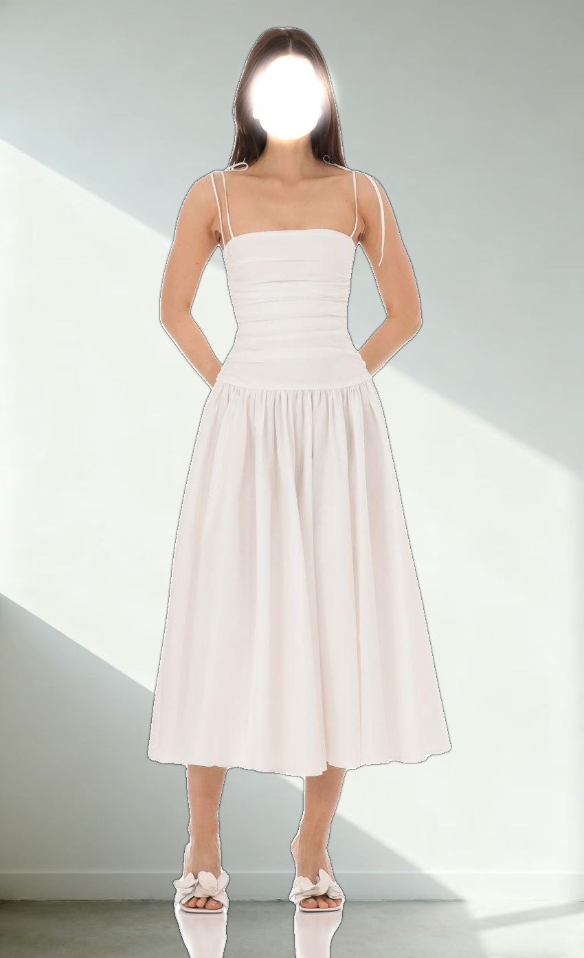 Ruched Square Neck Midi Dress in White