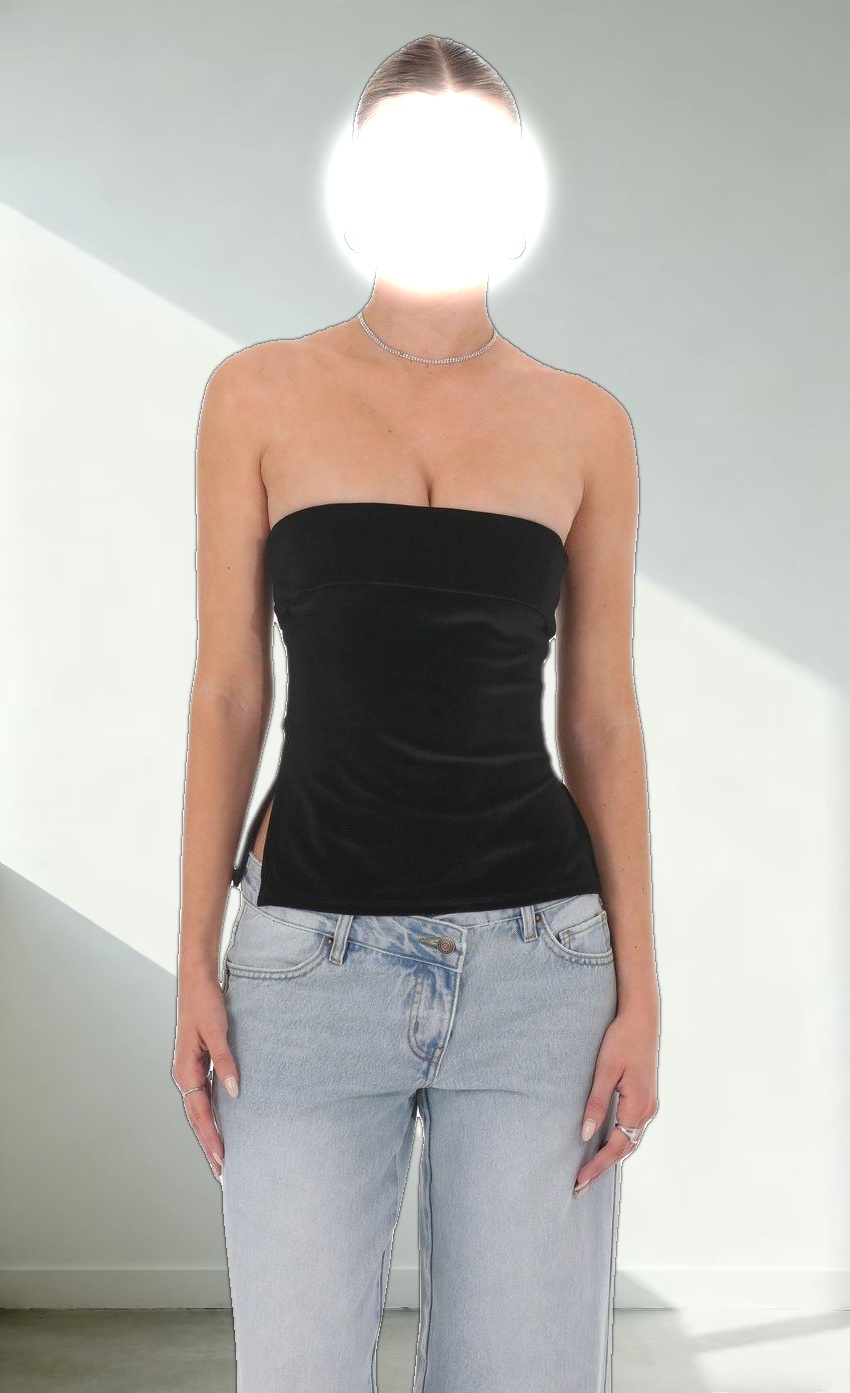 Velvet Strapless Slit Top in Black