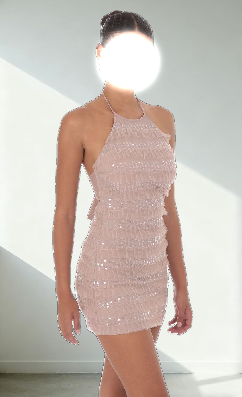 Sequin Ruffle Halter Bodycon Dress in Mauve