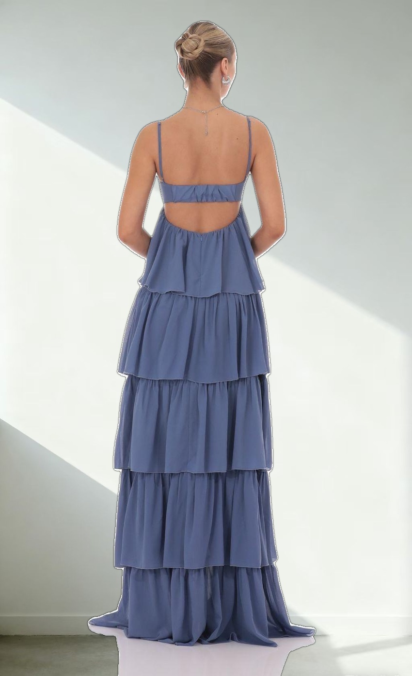 Chiffon Front Tie Ruffle Dress in Denim Blue