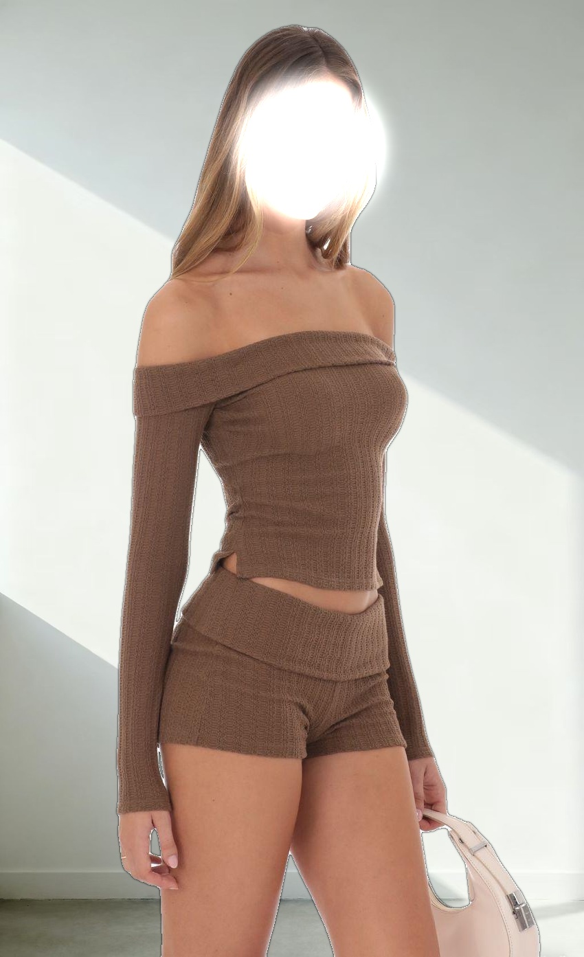 Knitted Off Shoulder Top in Brown