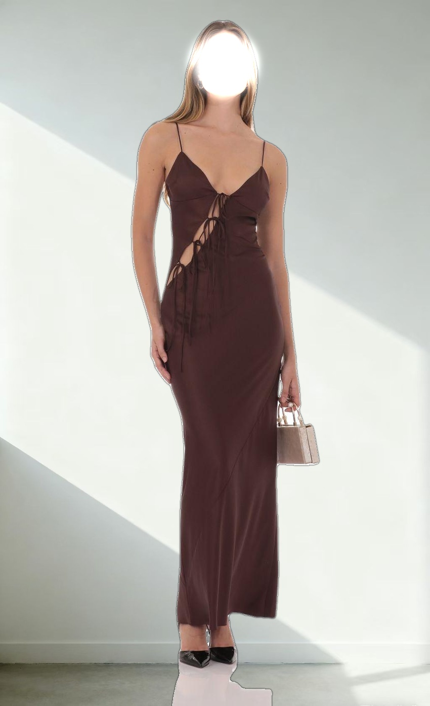Satin Cutout Ties Maxi Dress in Brown
