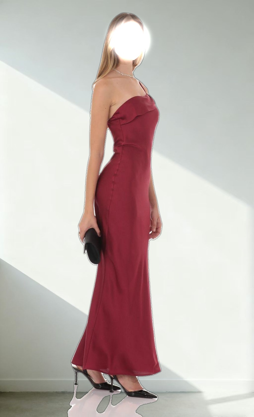 Satin One Shoulder Tassel Maxi Dress in Wine
