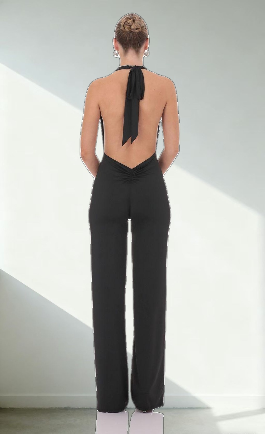 Halter Plunge Neck Jumpsuit in Black