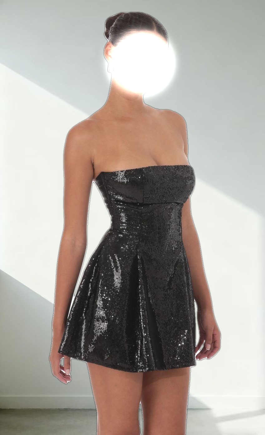 Sequin Strapless Fit and Flare Dress in Black