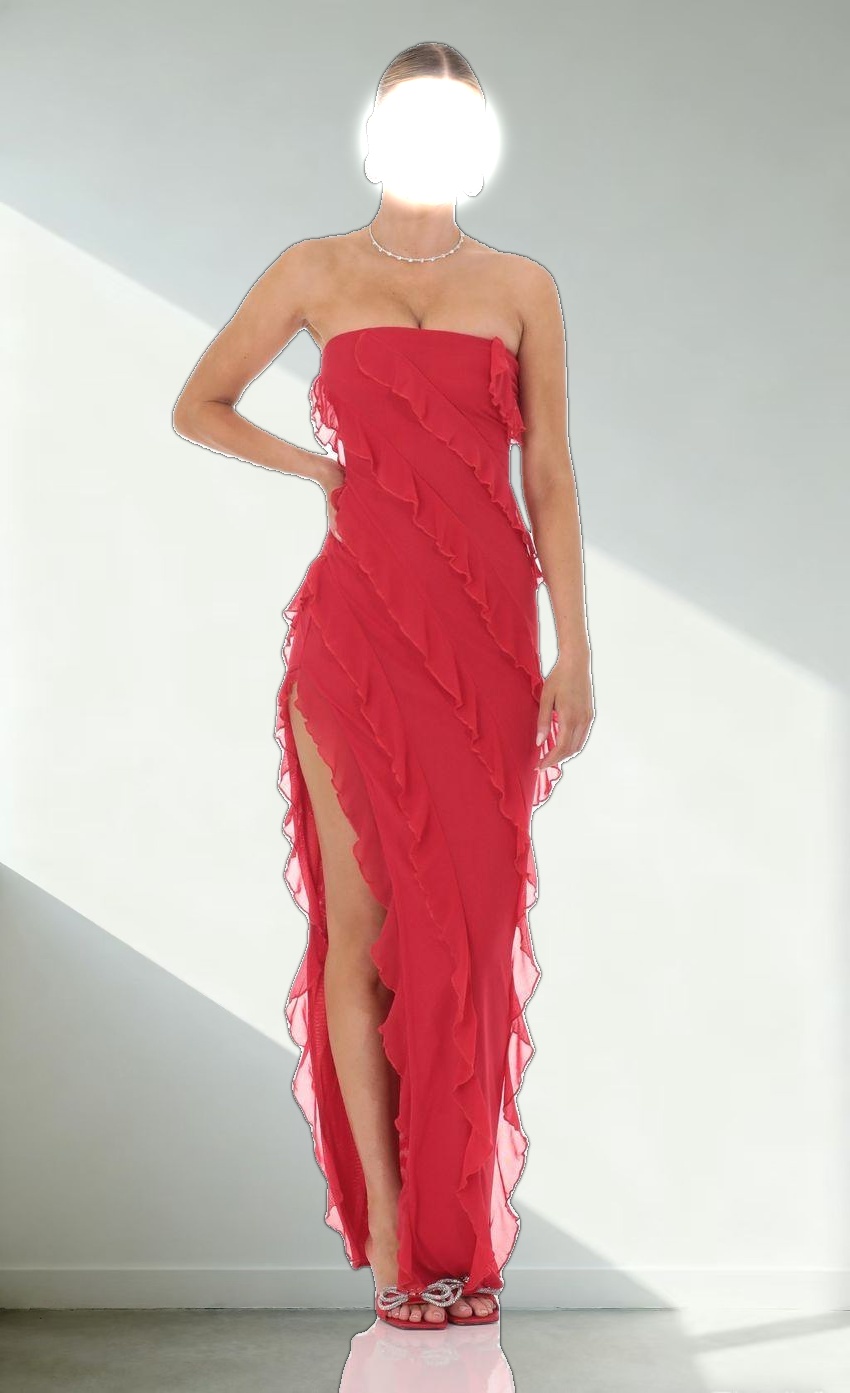 Mesh Ruffle Strapless Maxi Dress in Red