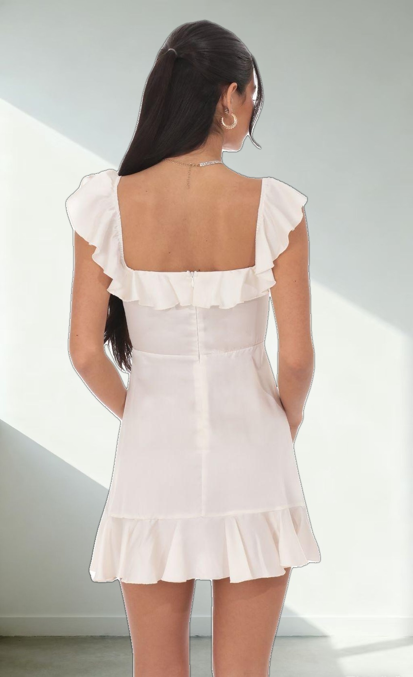 Satin Ruffle Mini Dress in Ivory