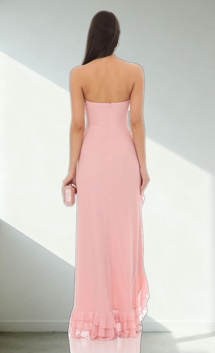 Strapless Mesh Ruffle Maxi Dress in Pink