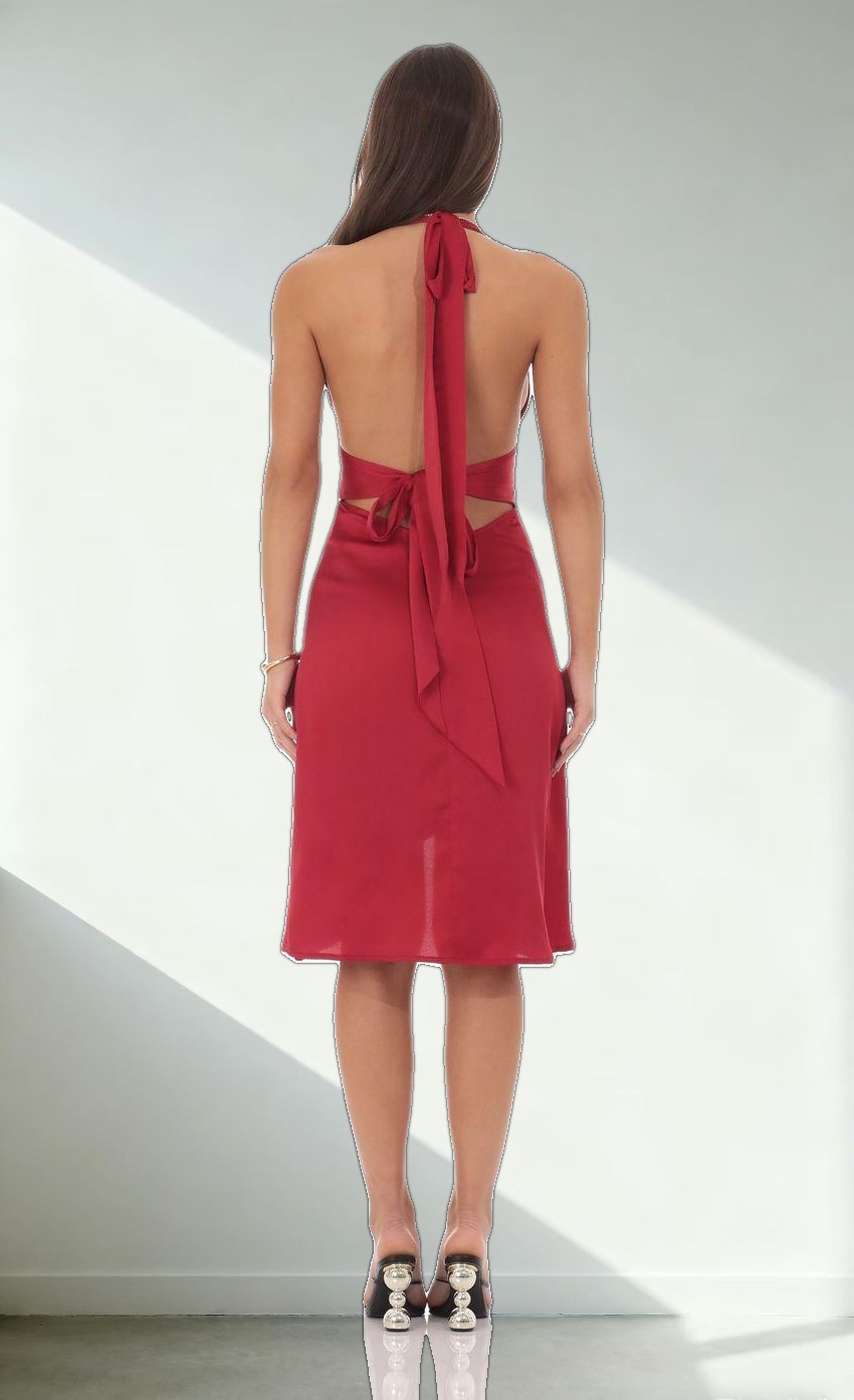 Satin Ruffle Slit Dress in Red