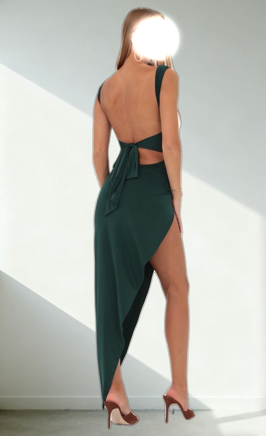Ruched Side Slit Maxi Dress in Green