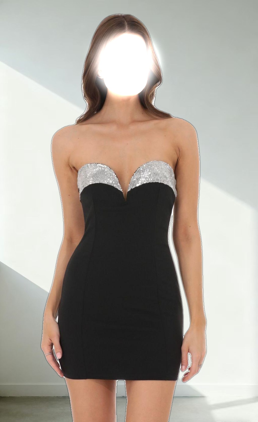 Silver Sequin Strapless Dress in Black
