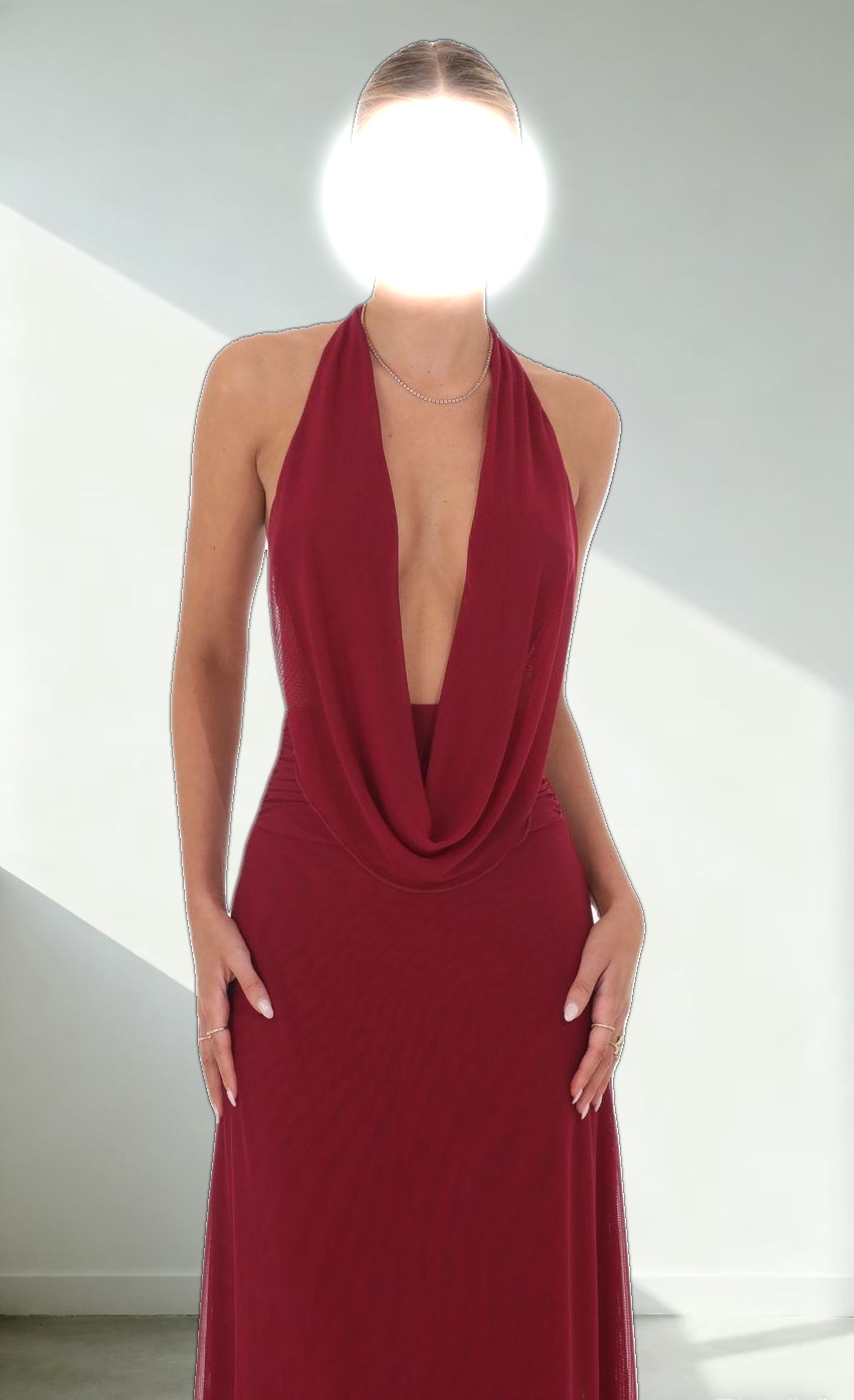 Mesh Plunge Cowl Neck Dress in Maroon
