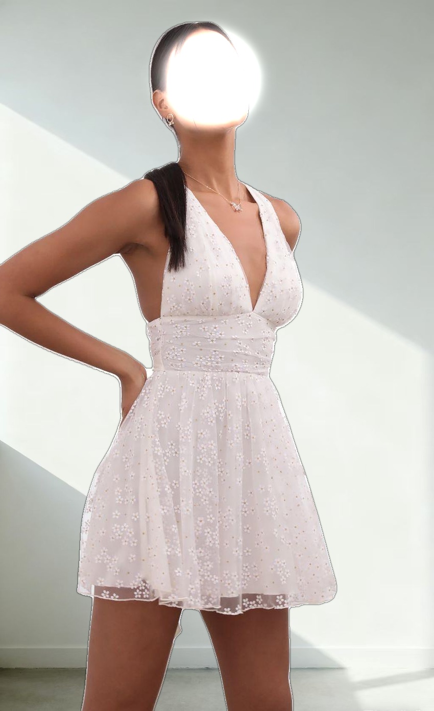 Plunge A-Line Dress in White Daisies