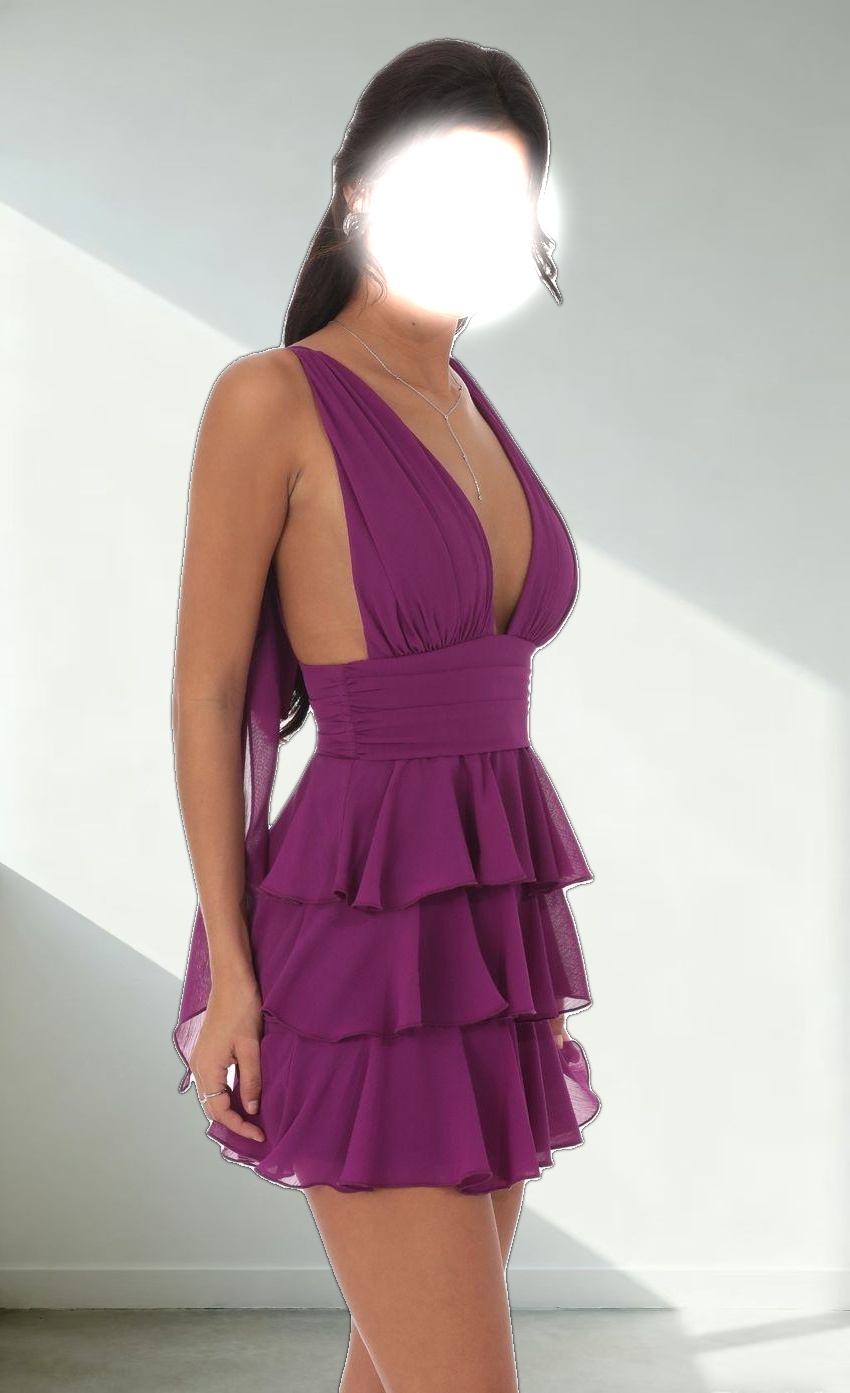 Plunge Neck Ruffle Dress in Purple