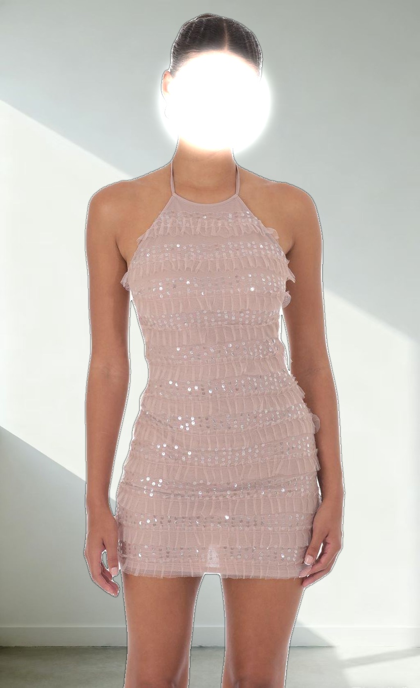 Sequin Ruffle Halter Bodycon Dress in Mauve