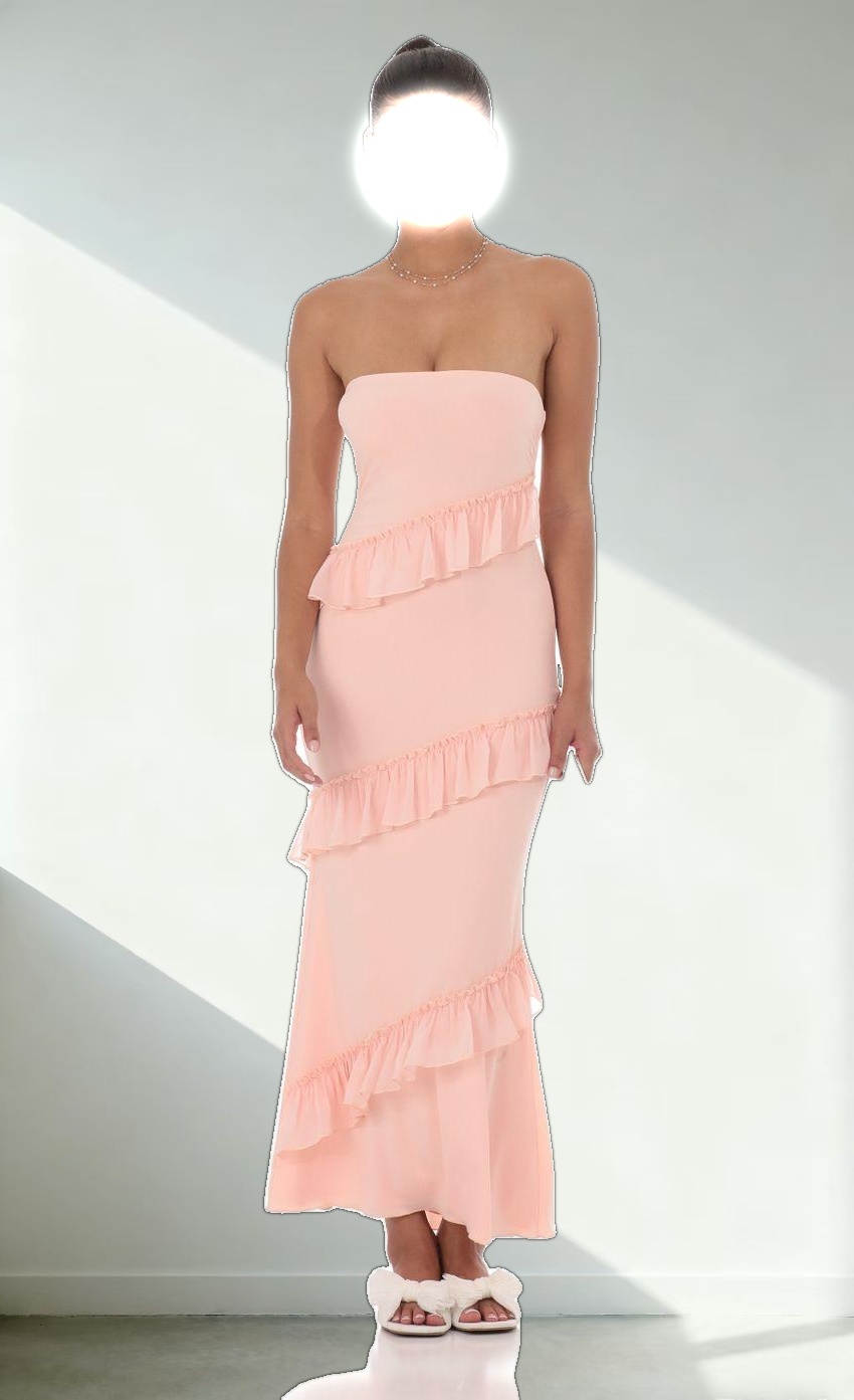Strapless Spiral Ruffle Maxi Dress in Peach