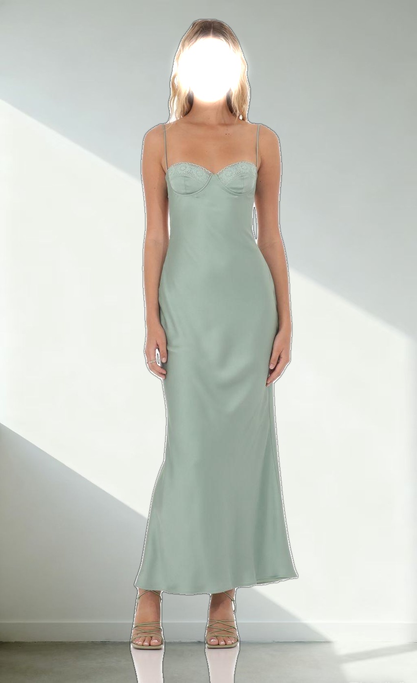 Satin Sweetheart Neck Maxi Dress in Sage Green