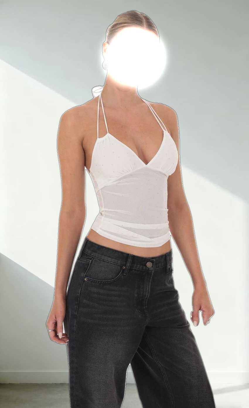 Rhinestone Mesh Halter Top in White