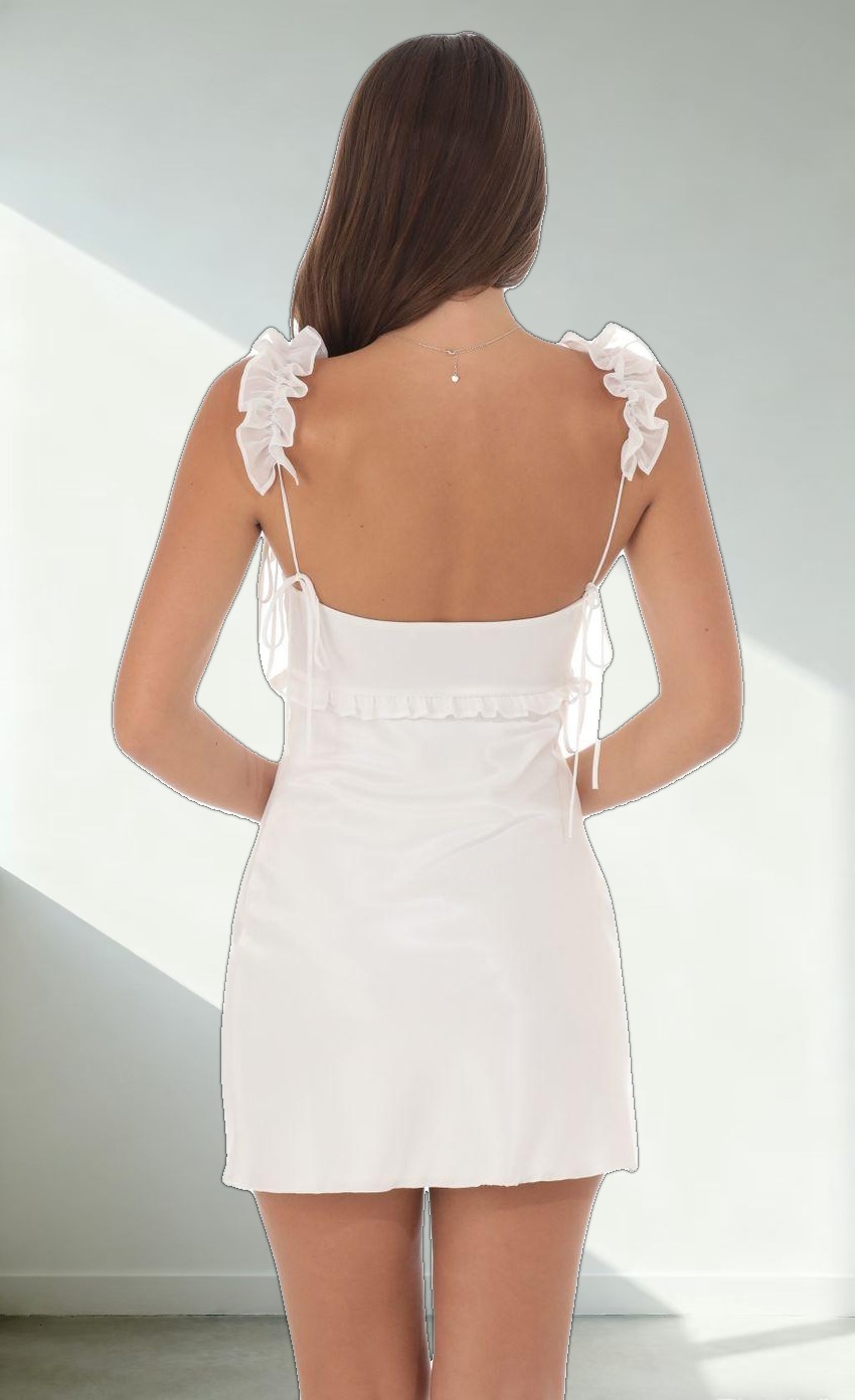 Satin Ruffle Strap Dress in White