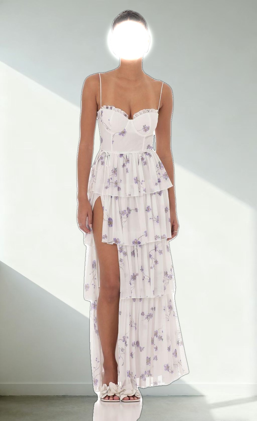 Floral Mesh Ruffle Maxi Dress in White