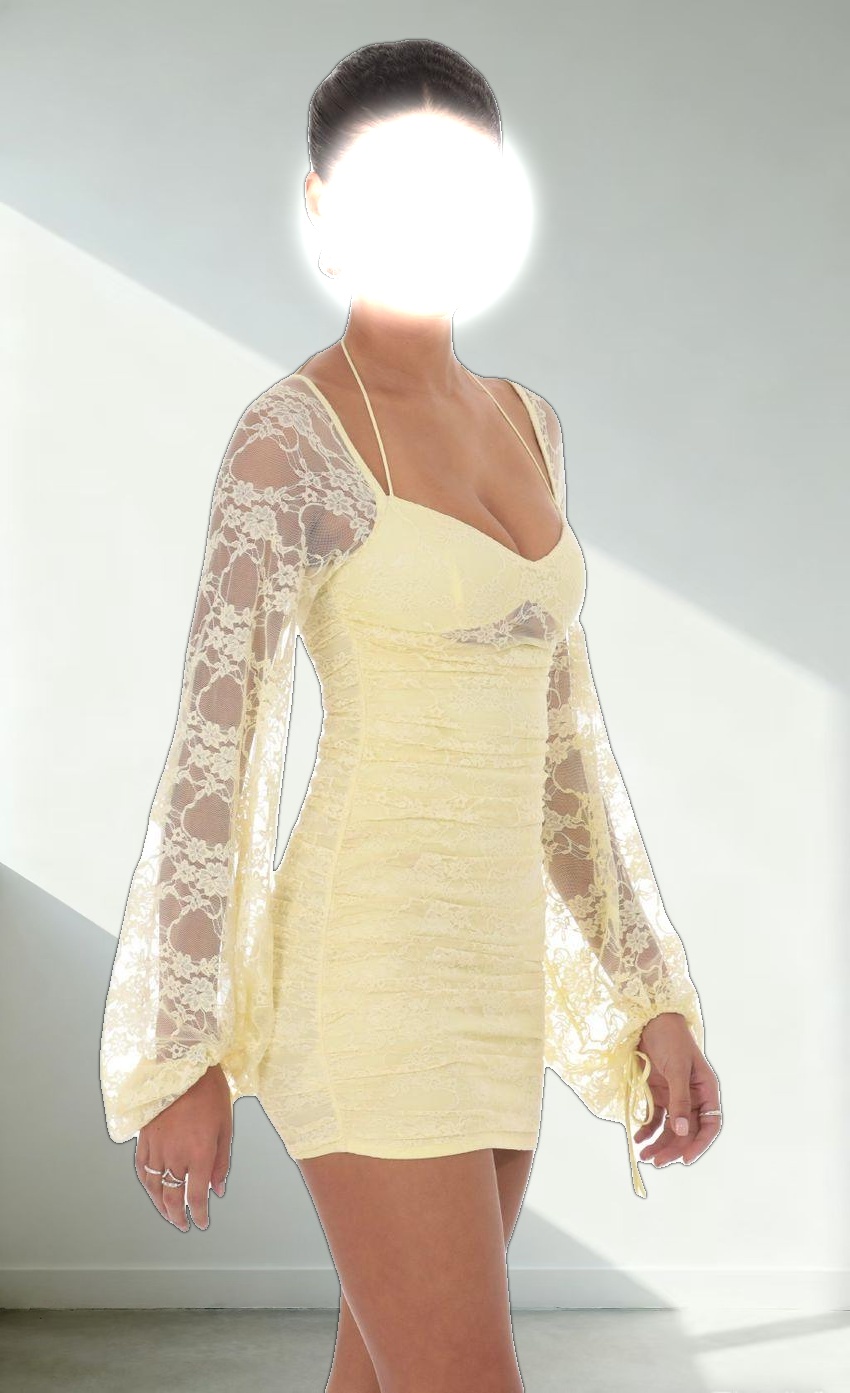 Lace Ruched Long Sleeve Dress in Yellow