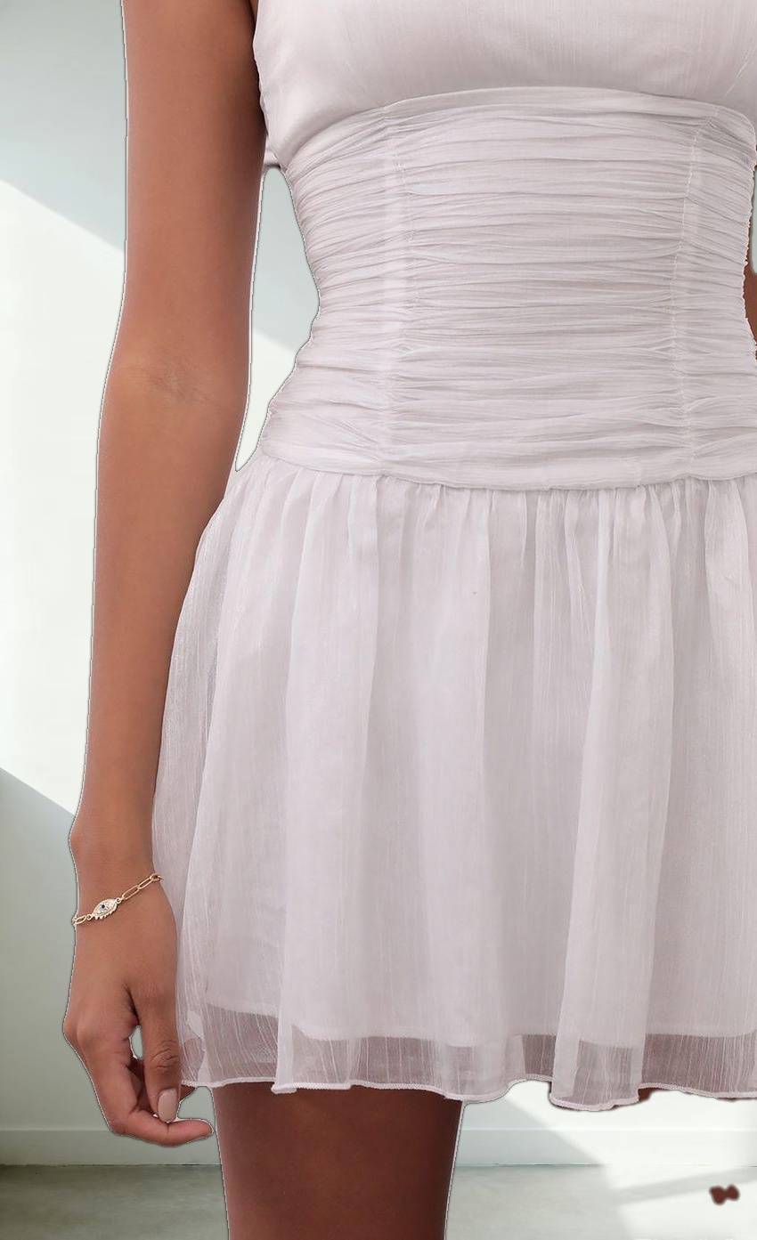 Ruched Waist Chiffon Dress in White