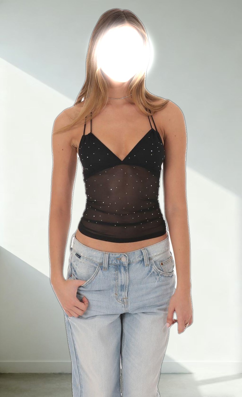Rhinestone Mesh Halter Top in Black