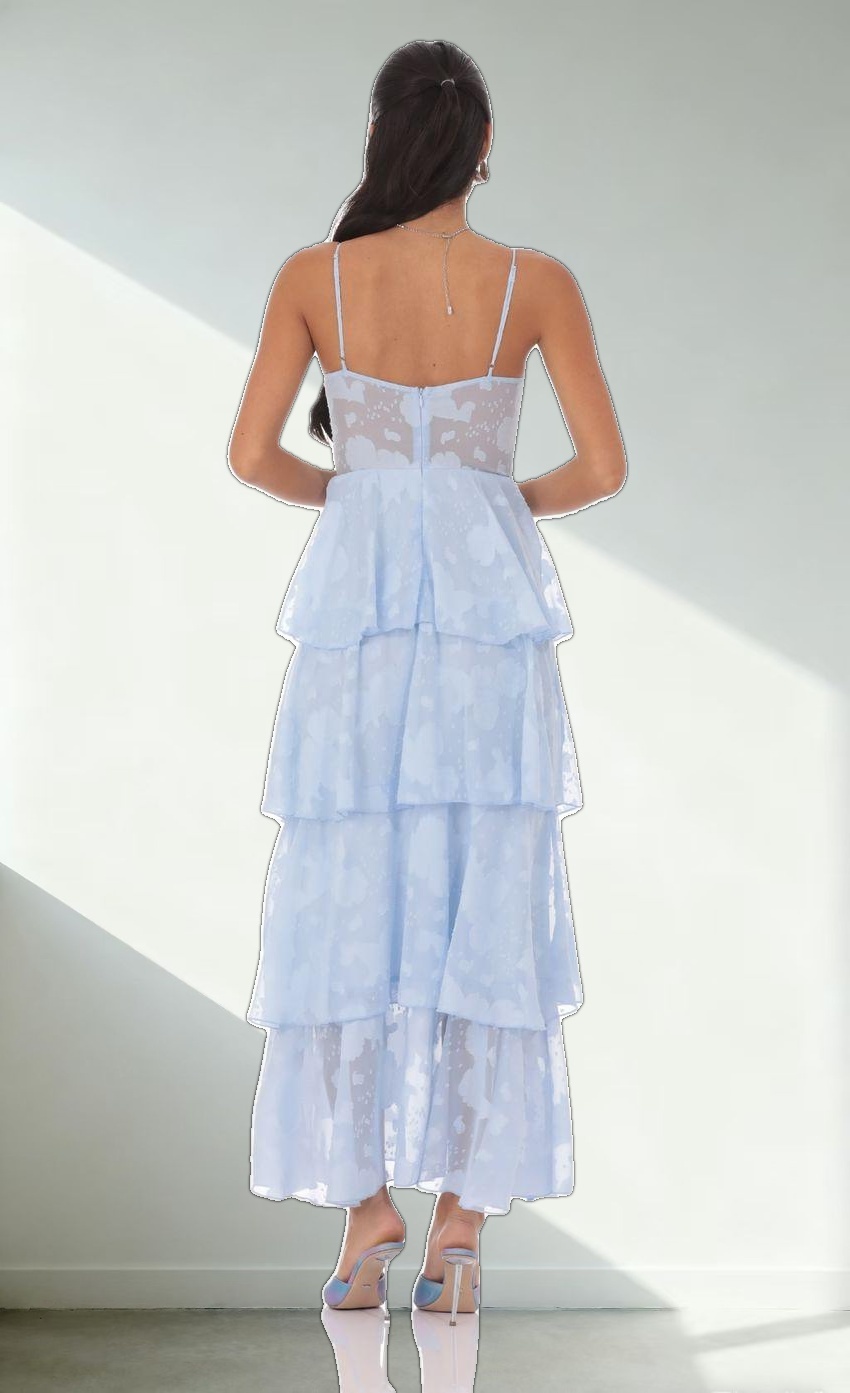 Floral Ruffle A-line Maxi Dress in Sky Blue