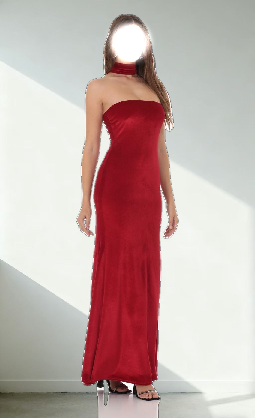 Velvet Reverse Halter Maxi Dress in Red