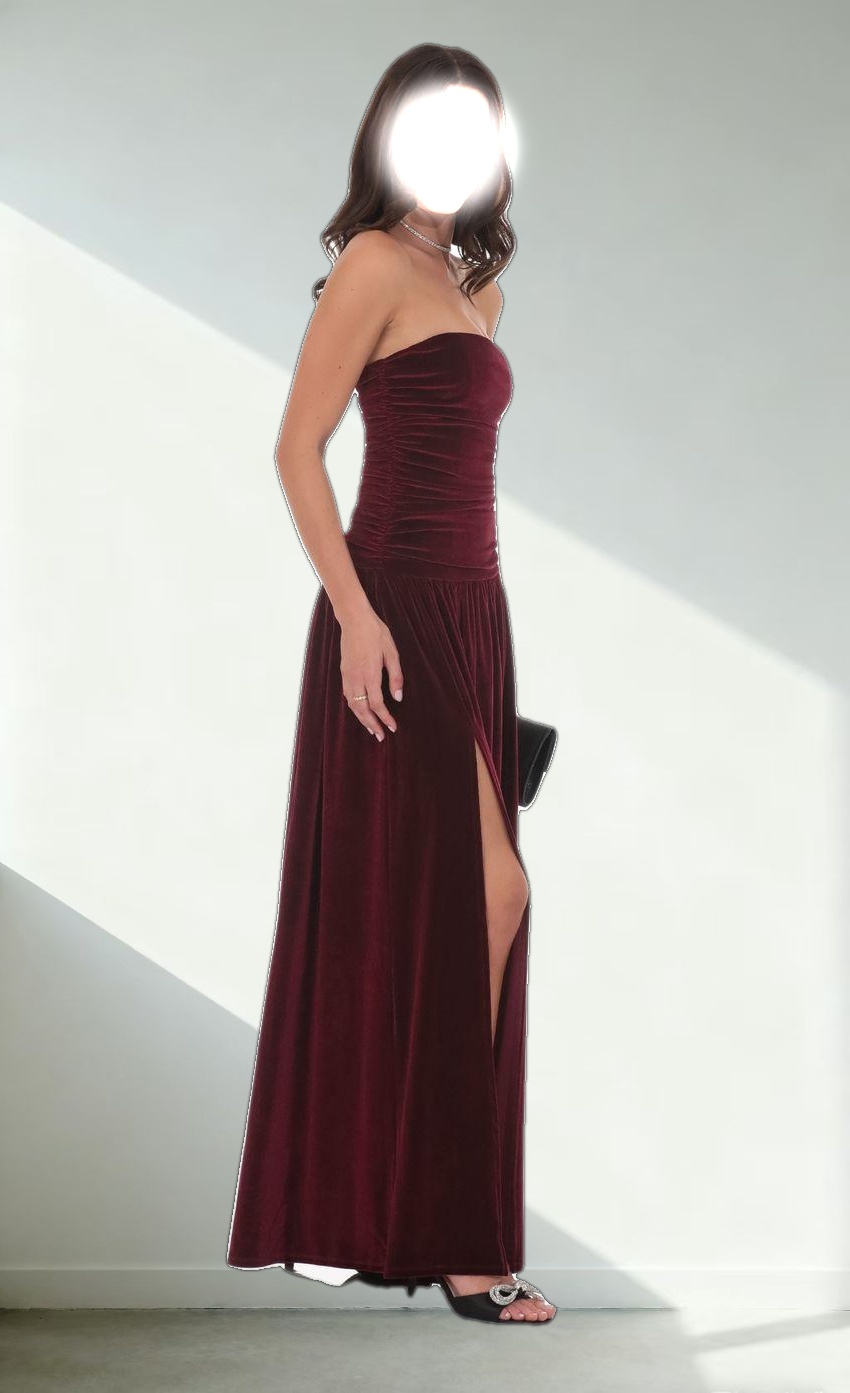 Velvet Ruched Drop Waist Maxi Dress in Wine