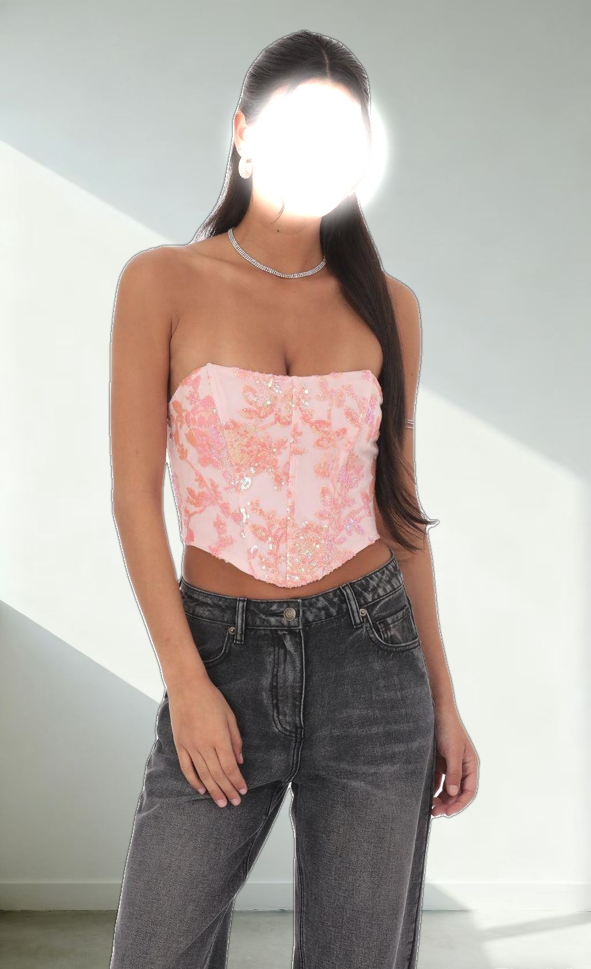 Sequin Floral Embroidered Corset Top on Coral