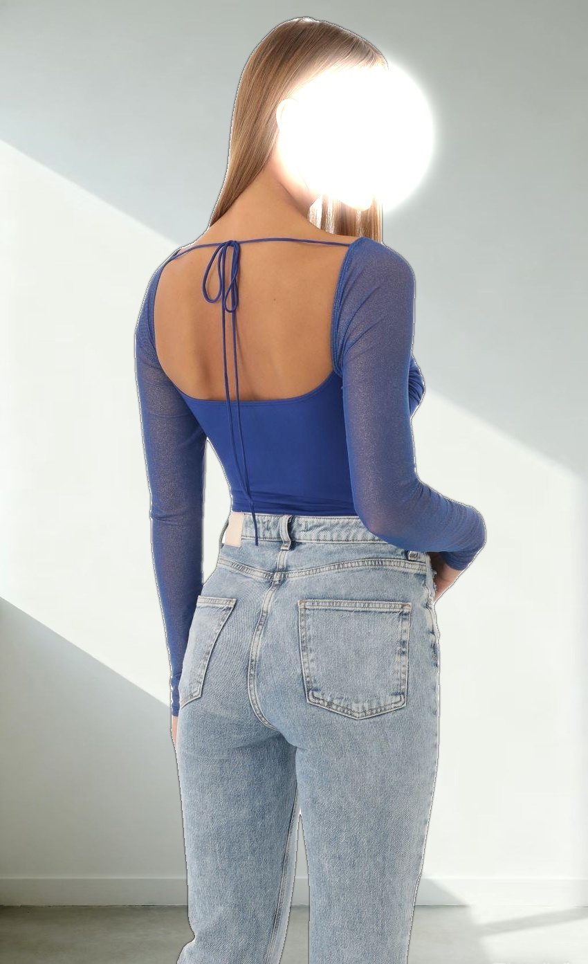 Glitter Mesh Long Sleeve Bodysuit in Blue