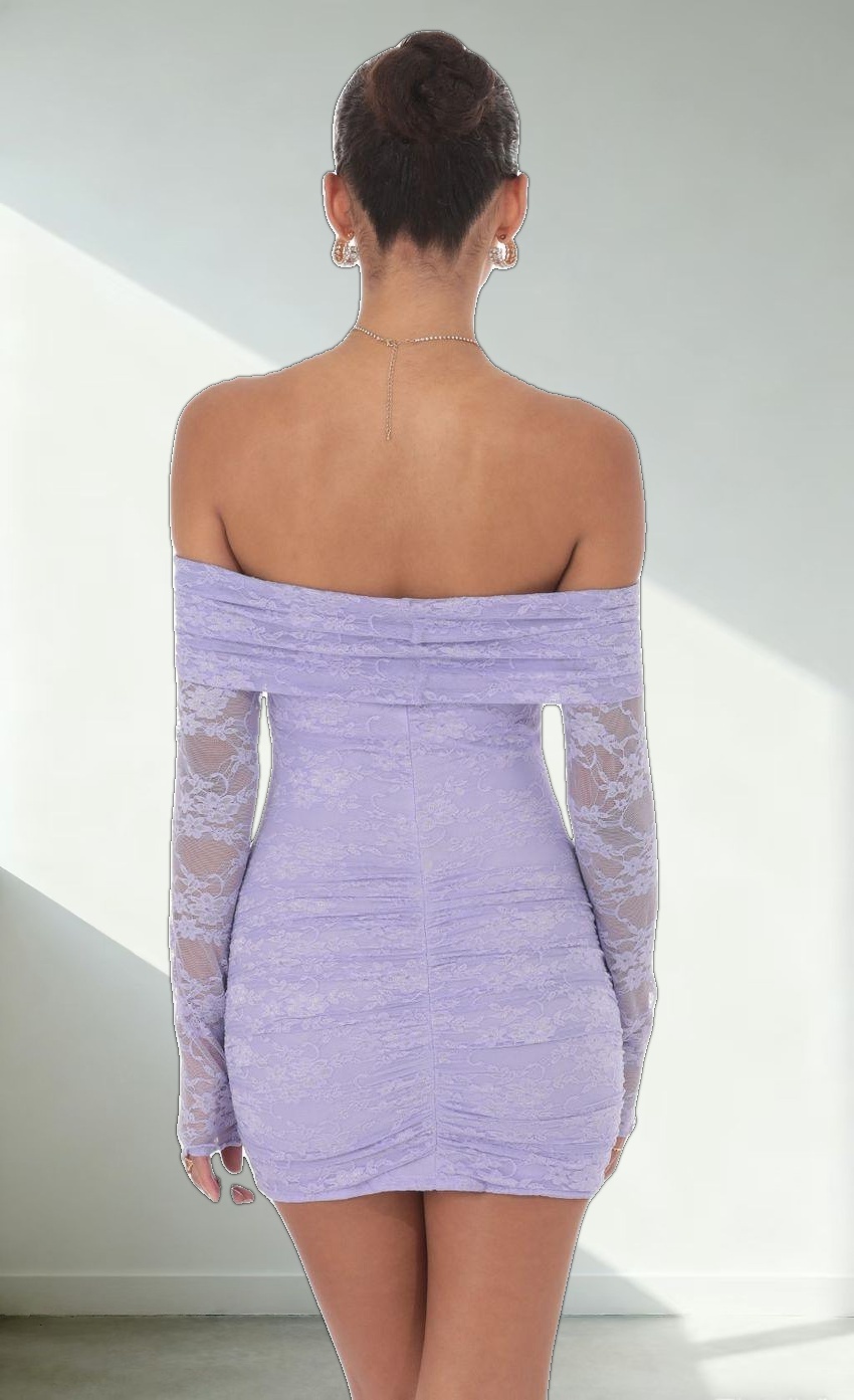 Off Shoulder Long Sleeve Lace Dress in Lavender
