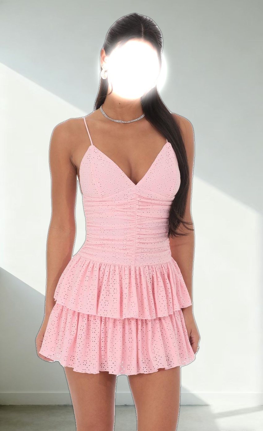 Ruched Ruffle Eyelet Dress in Pink