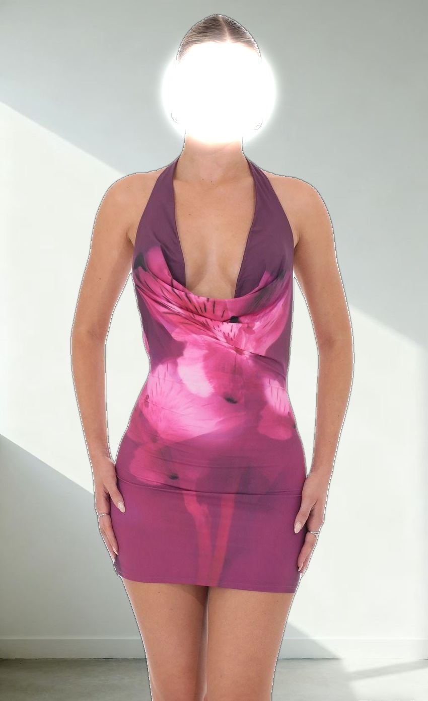 Floral Plunge Neck Bodycon Dress in Plum