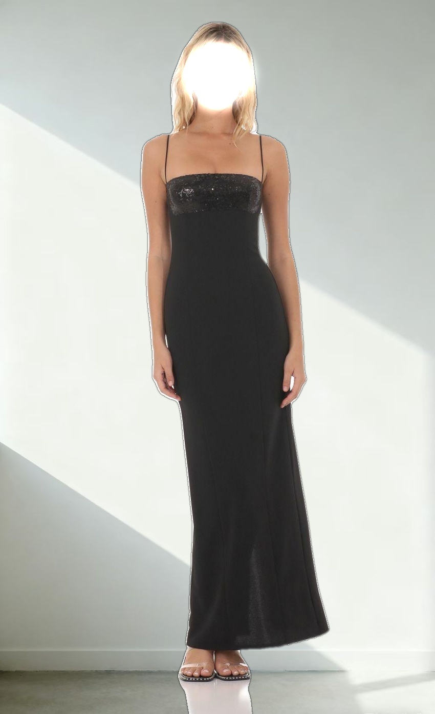 Sequin Square Neck Maxi Dress in Black
