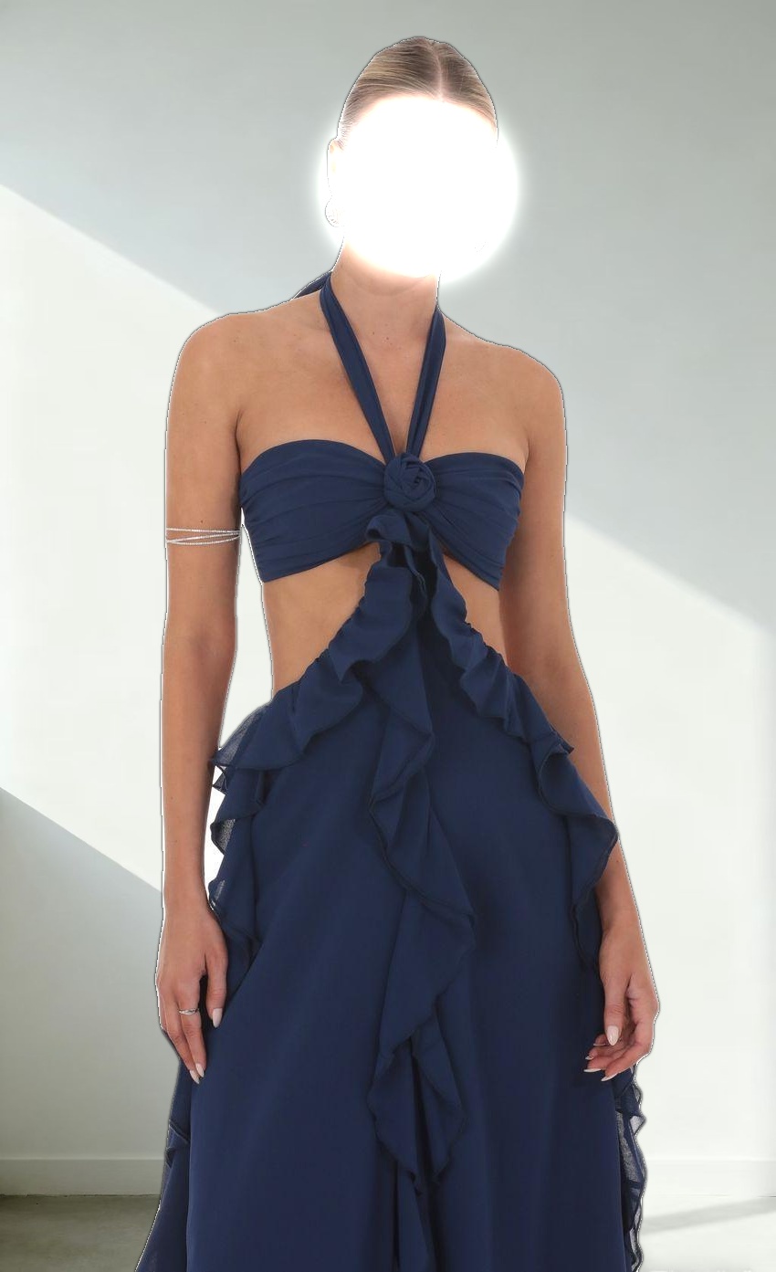 Chiffon Cutout Ruffle Maxi Dress in Navy