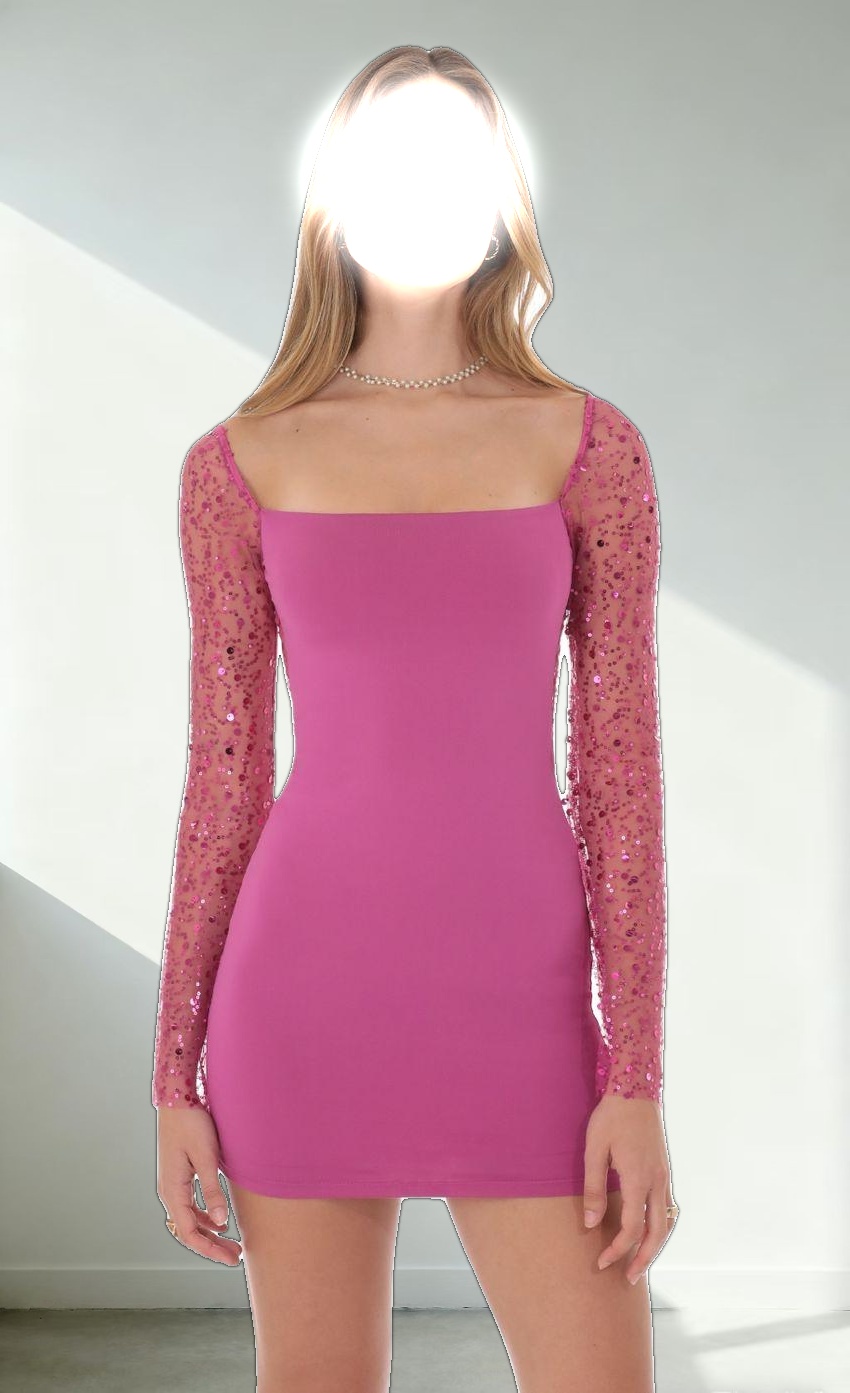 Sequin Long Sleeve Dress in Magenta