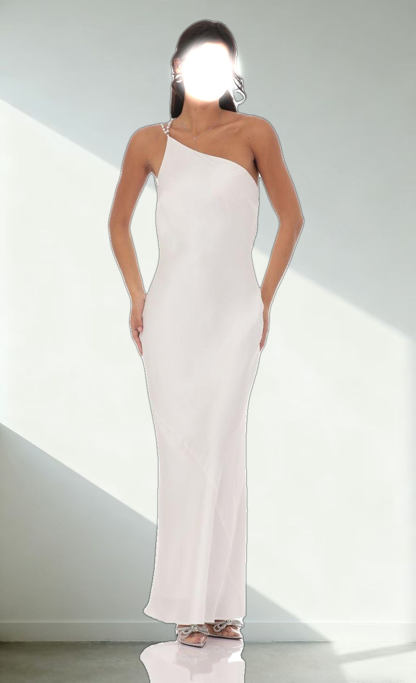 One Shoulder Pearl Satin Maxi Dress in White
