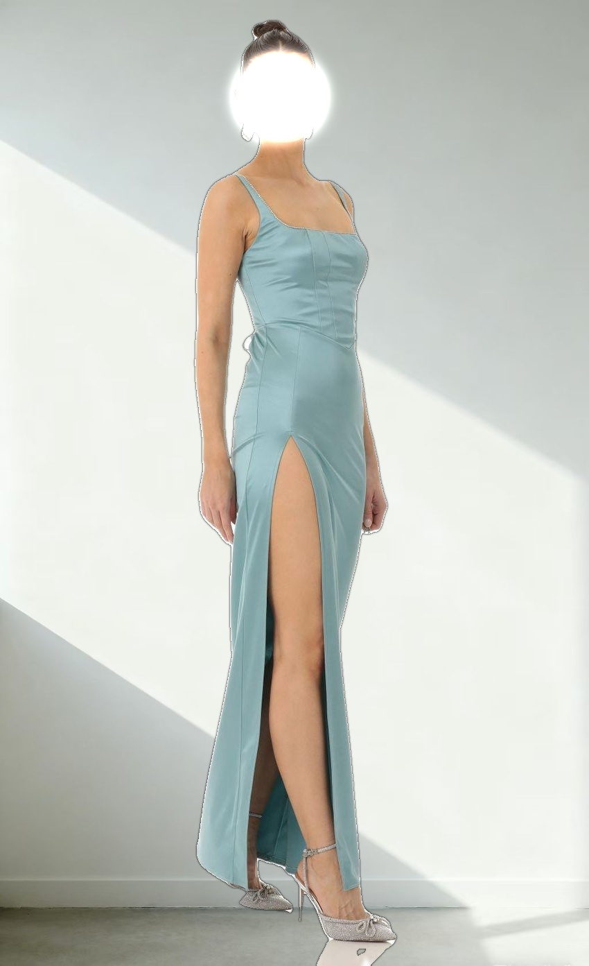 Satin Rhinestone Maxi Dress in Teal