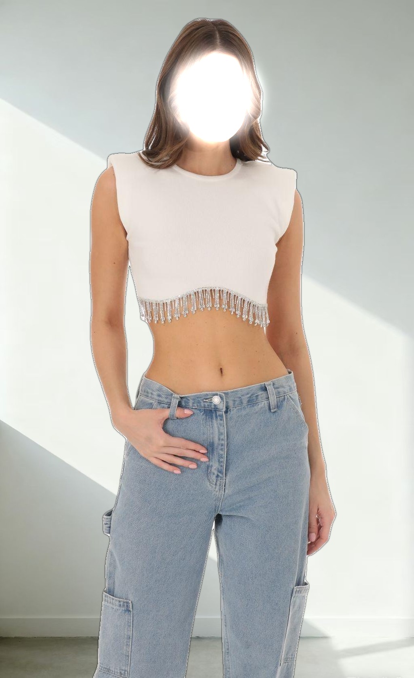 Rhinestone Fringe Knit Top in White